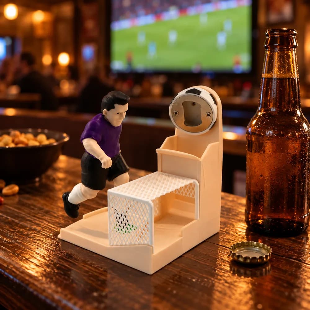 Le décapsuleur football du 19e Trou sur un comptoir de bar, un soir de match